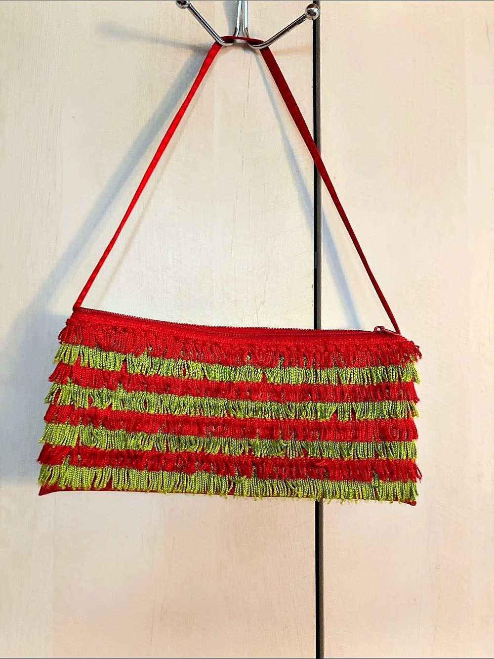 Lotta Dottie Fringed Striped Shoulder Bag in Red & Green Like New